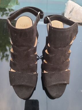 Black Suede Gladiator Heels - Women's Strappy Dress Sandals